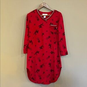 Karen Neuburger Red V-Neck Light Polar Fleece Nightgown with Black Dog Print